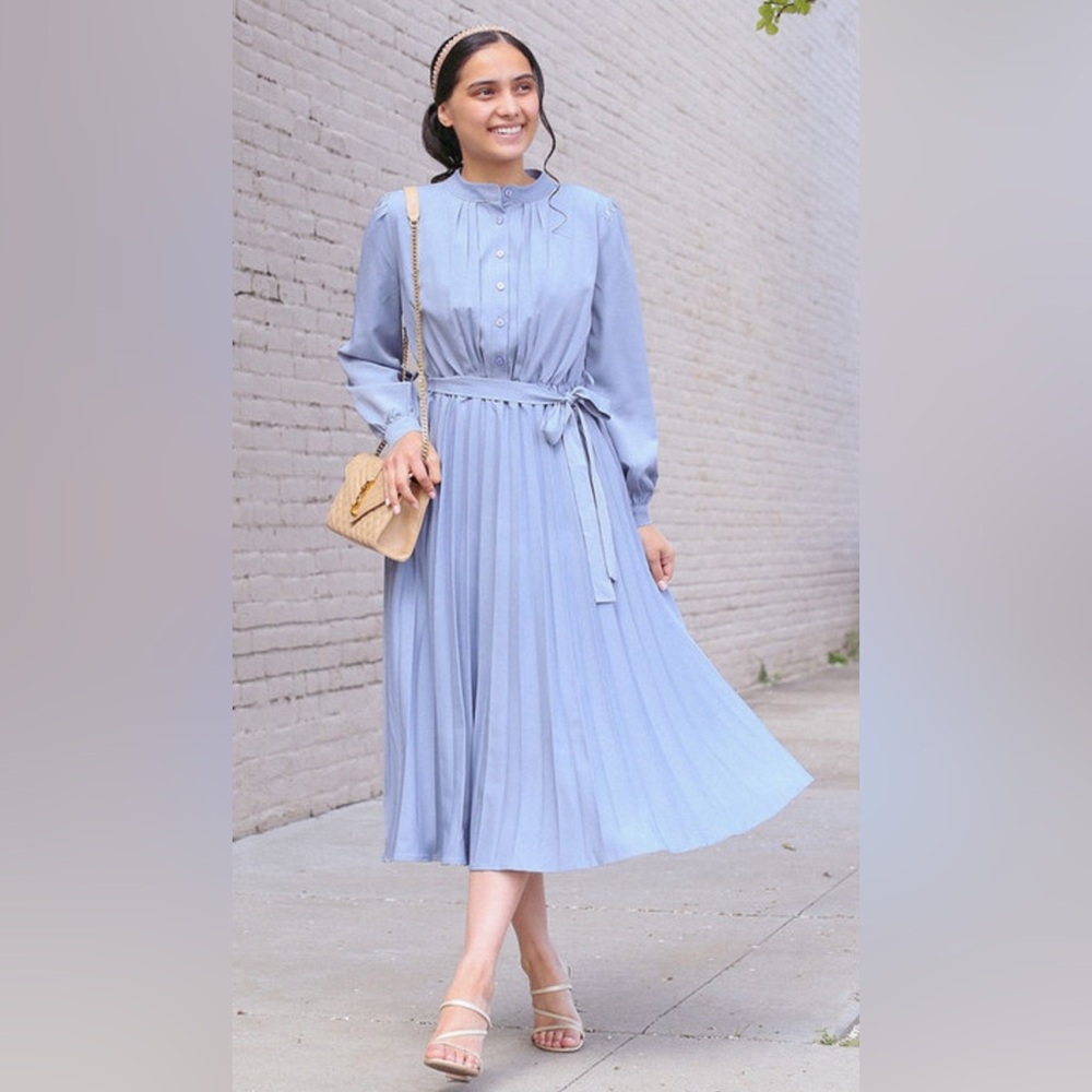 Dainty Jewells Blue Pleated Long Sleeve Dress